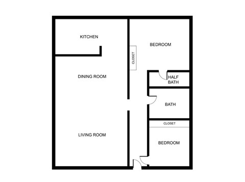Floor plan for 2 beds, 1.5 baths, 864 sqft